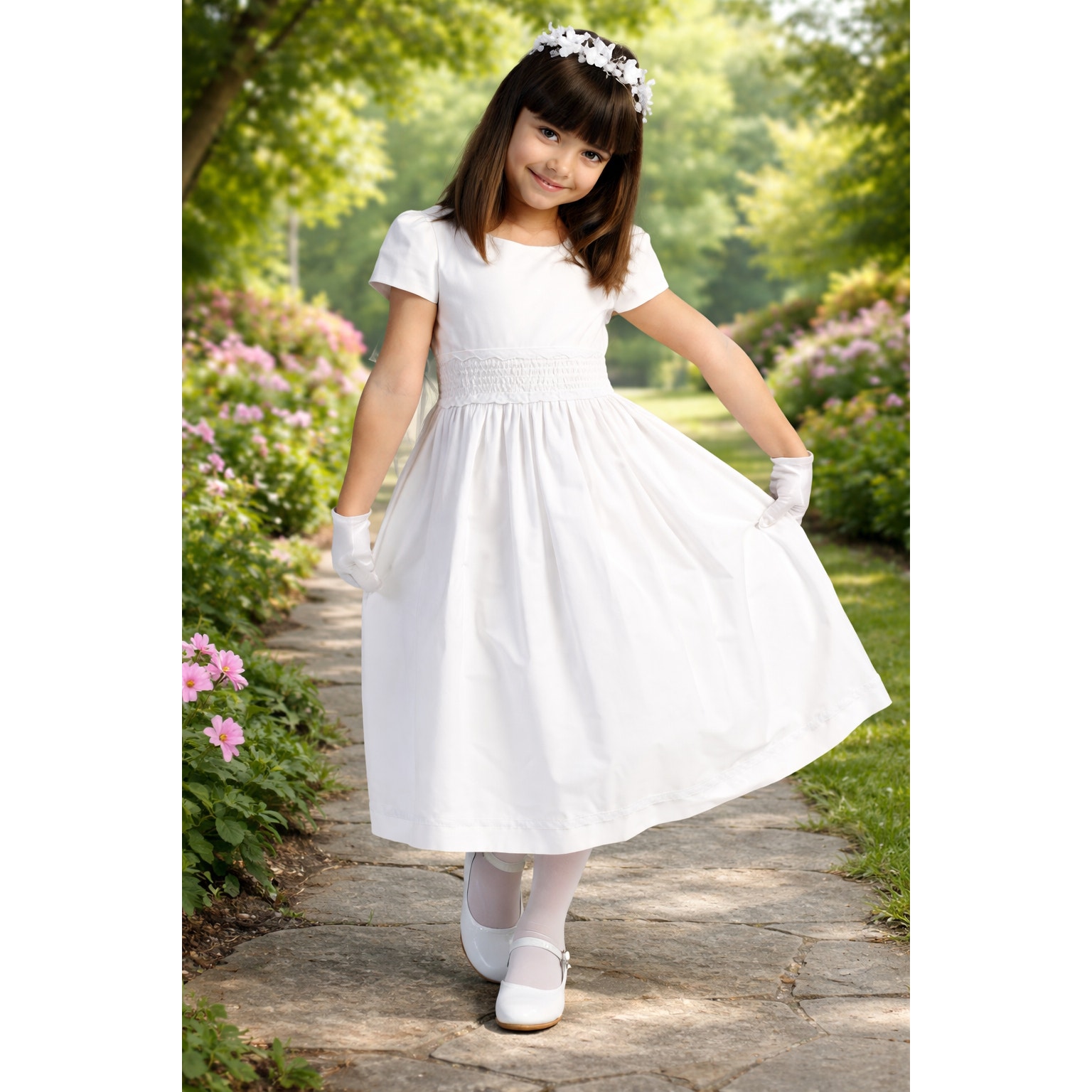 New Girls First Holy Communion Dress Size 8 -Cotton Smocked Waistband Tea-Length